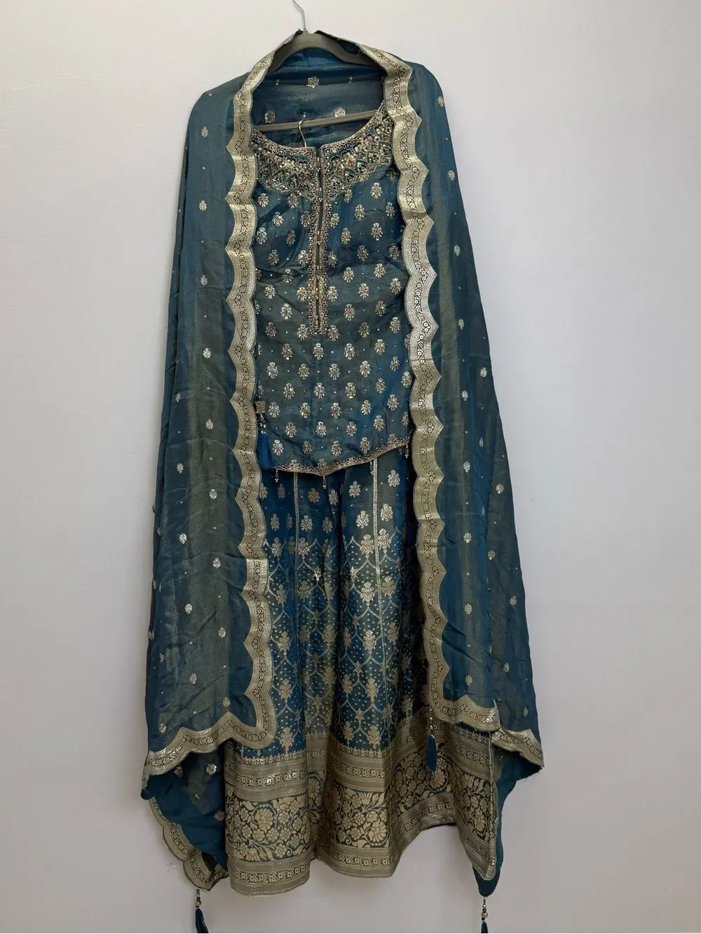 Embellished Teal Ethnic pants Set with Dupatta